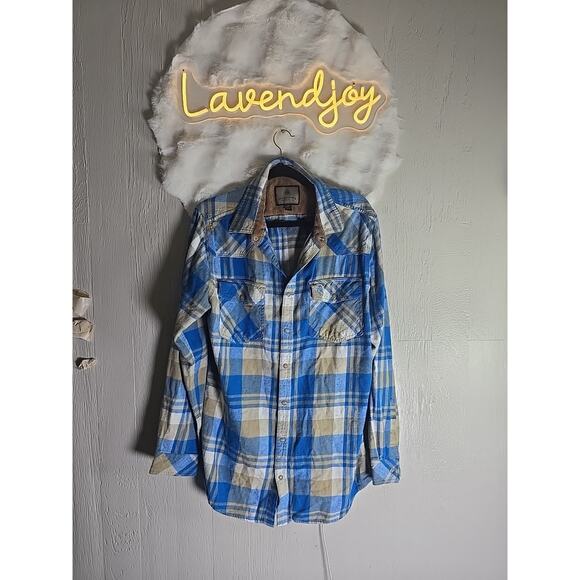 Legendary Whitetails Flannel Shirt Men L Tall Blue Plaid Western Pearl Snap - Picture 1 of 8